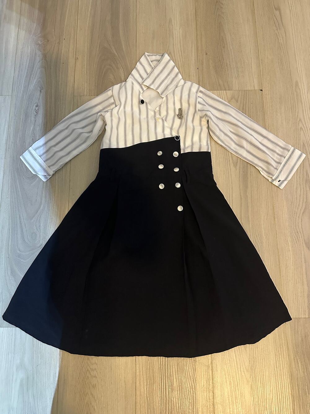 Vintage Girls Mock Neck Striped Dress 26 Double Breasted Pleated Mod Academic